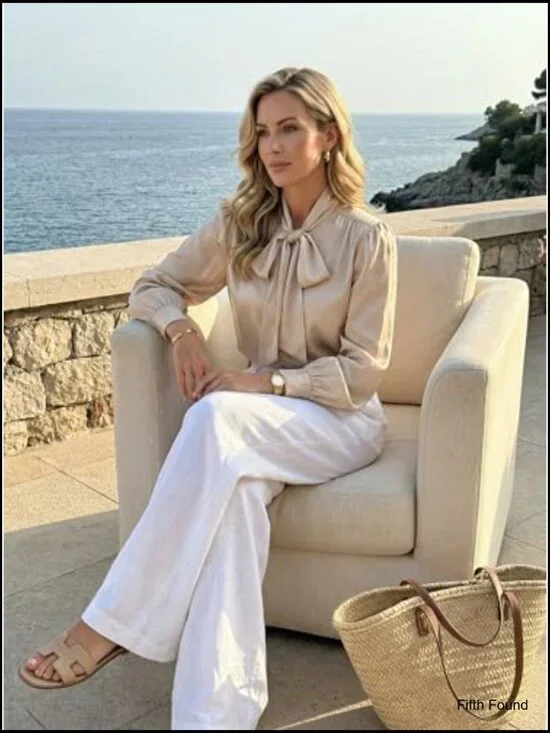 Long Sleeve Satin Blouse with Bow Tie High Neck Dressy Casual Top - Picture 2 of 7